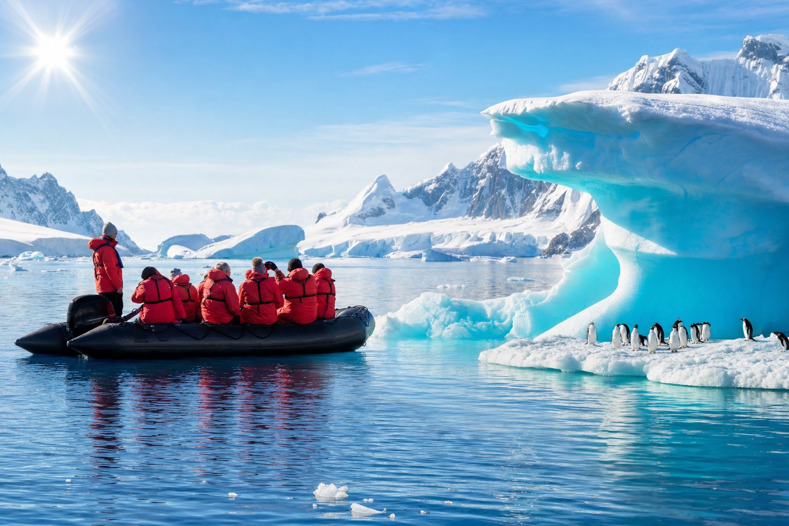 Travelers in red parkas in a Zodiac beside a blue iceberg with penguins