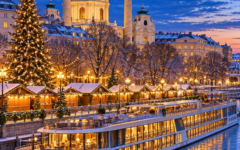 A lit Christmas market in Vienna with a river cruise ship moored alongside