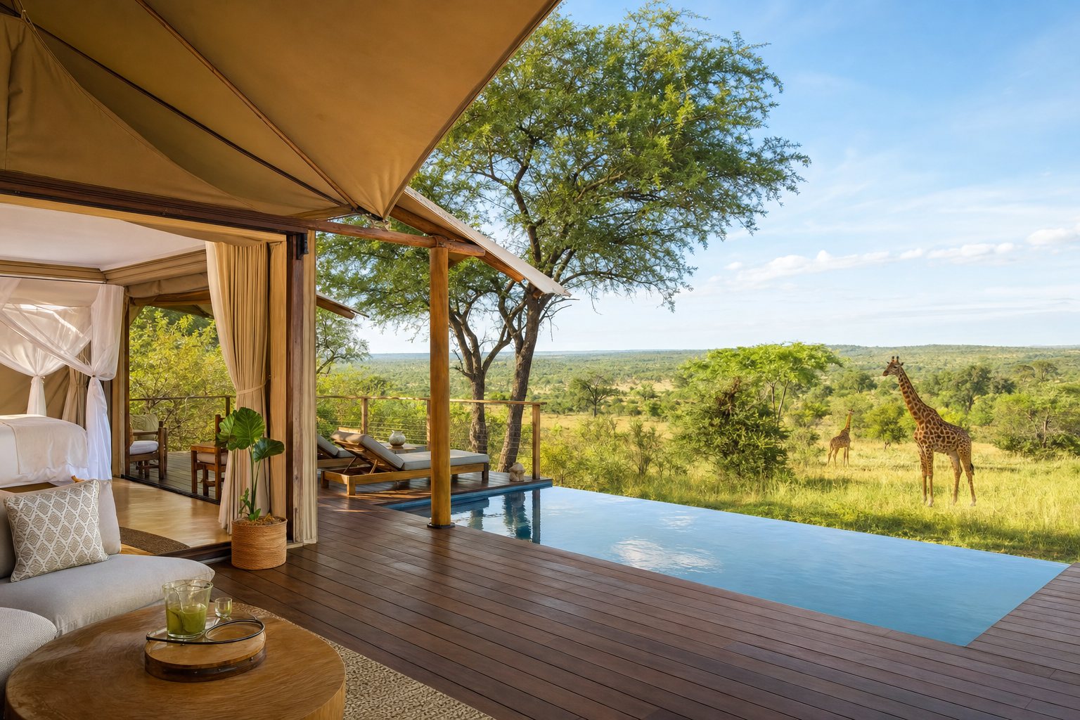 A safari tent suite with an infinity pool and giraffes on the plain beyond