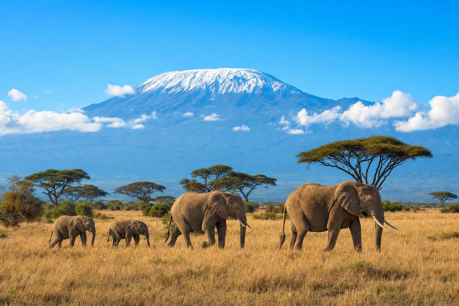 A family of elephants crossing grassland below a snow-capped Kilimanjaro
