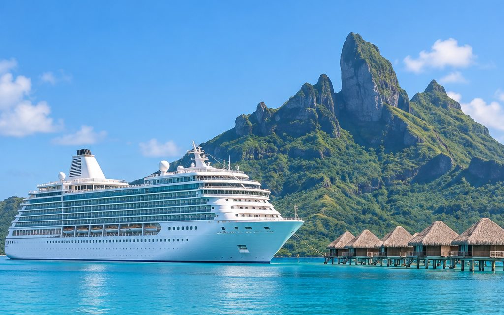 A small cruise ship in a turquoise lagoon below Bora Bora's peak, overwater bungalows beside it